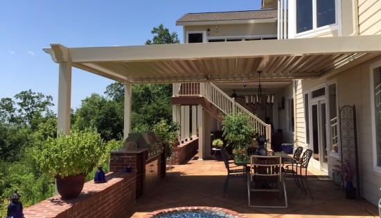 Premier Pergola installed by Palmetto Outdoor Spaces in Salem, SC.  Opens and closes for sun, shade, and rain protection.